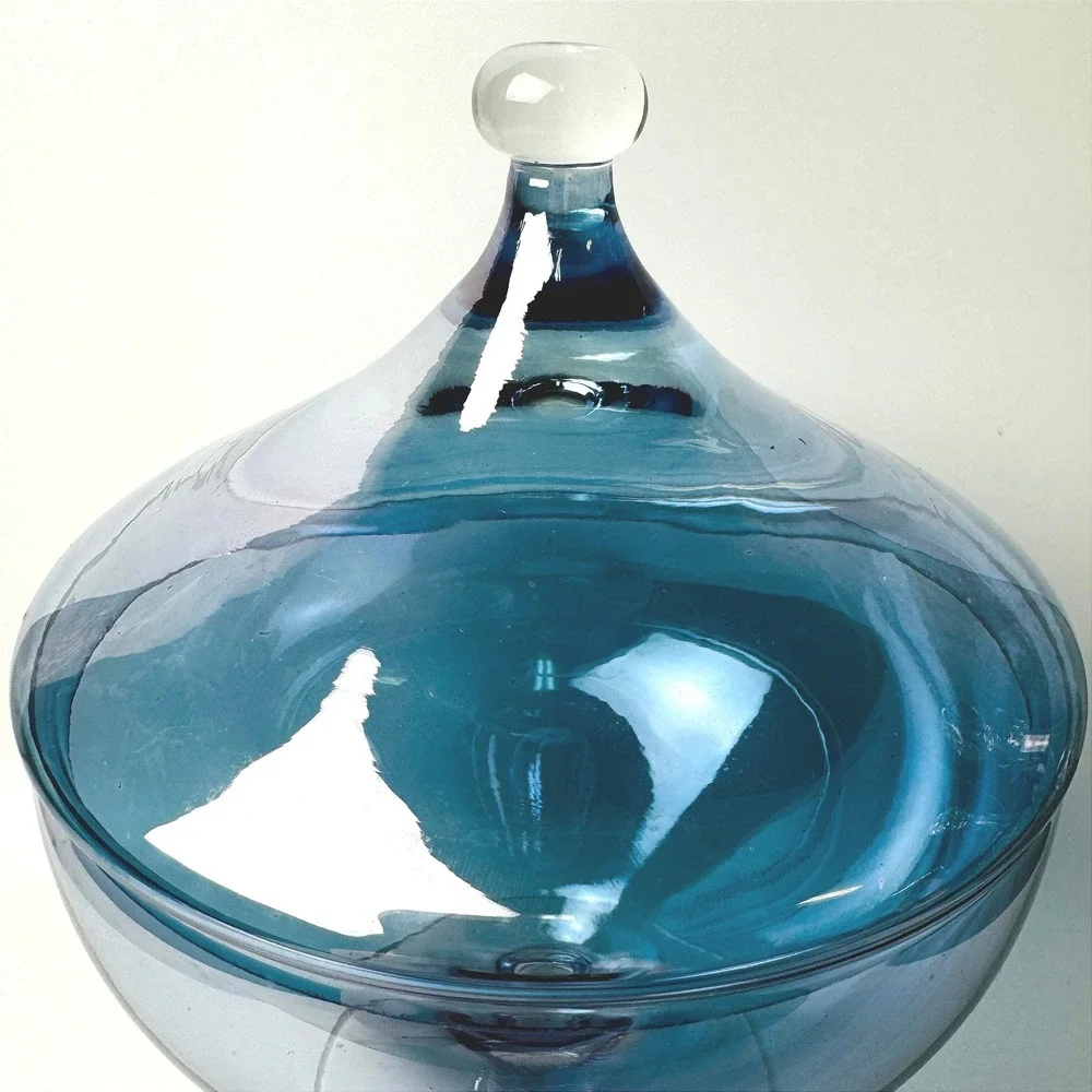 Vintage Empoli Style Blue Blown Glass Covered Compote Pedestal Candy Dish MCM
